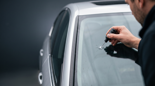 Applying Wesstora GlassFix resin to a stone chip on a car windshield