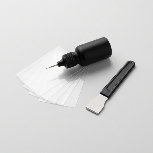 Wesstora GlassFix windshield repair kit: resin applicator, curing films and razor blade
